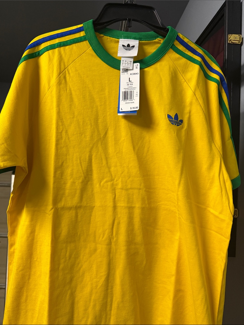 adidas Yellow Short Sleeve Trefoil Tee with Green Collar and Blue Stripes